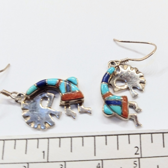 Vintage Zuni Kokapelli Turquoise Coral Onyx Dangle Earrings - Picture 4 of 4